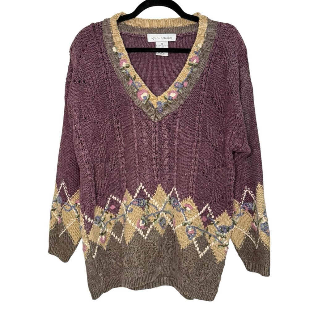 Vintage Ivy Collectibles Women’s Large Floral V-Neck Sweater Cross Stitch‎